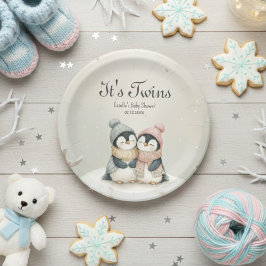 Prato De Papel Chá de Bebê Natal Gêmeos Penguins It's Twins