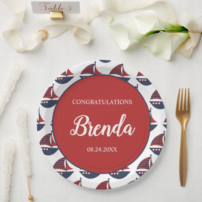 Prato De Papel Chá de Bebê Náutico Azul e Vermelho (Casamento)