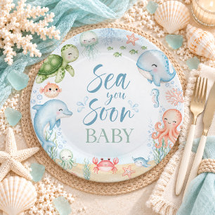Prato De Papel Chá de Bebê Oceano Vejo Você Em Breve