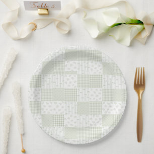 Prato De Papel Chá de Bebê Patchwork Verde Sage Pastel Vintage