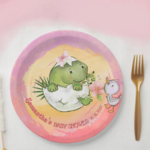 Prato De Papel Chá de Bebê Personalizado Redondo Dino & Patinho 