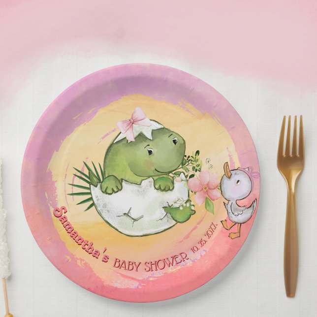 Prato De Papel Chá de Bebê Personalizado Redondo Dino & Patinho  (Personalized Round Dino & Duckling Baby Shower Paper Plates)
