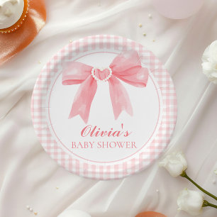 Prato De Papel Chá de bebê préppy com laço rosa e xadrez gingham