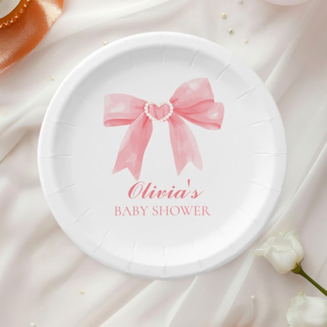Prato De Papel Chá de bebê préppy com laço rosa e xadrez gingham (Criador carregado)