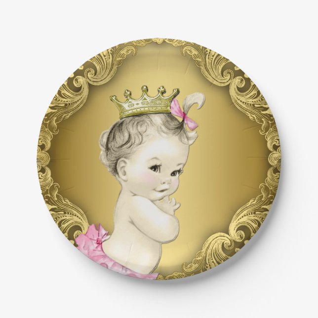 Prato De Papel Chá de Bebê Princesa Dourado Chique (Frente)