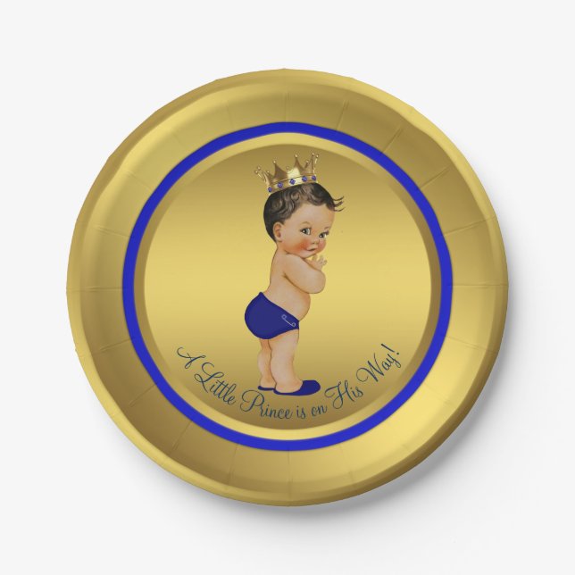 Prato De Papel Chá de Bebê Príncipe Hispano Dourado Azul (Frente)