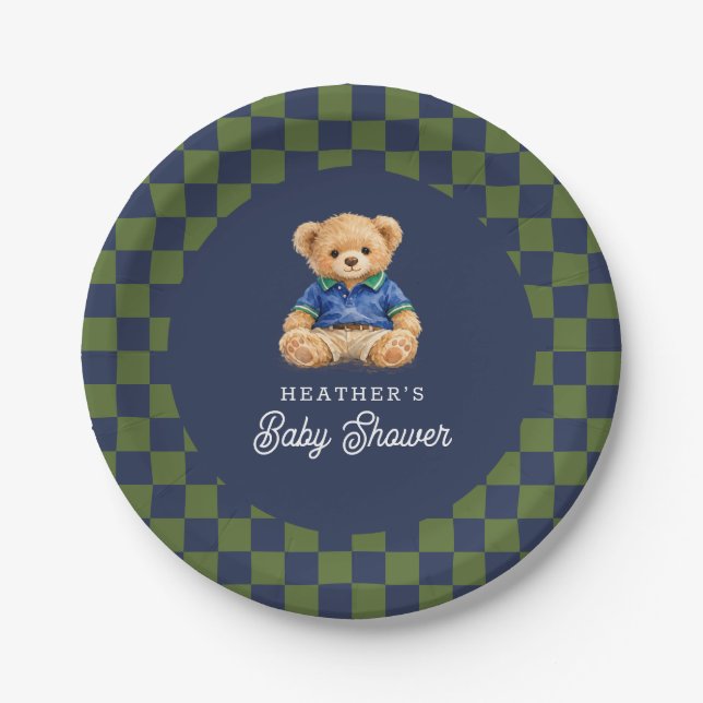 Prato De Papel Chá de Bebê Retrô Xadrez Teddy Beary (Frente)