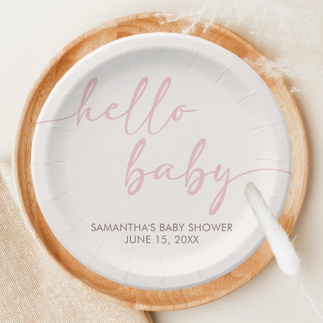 Prato De Papel Chá de Bebê Rosa (Pink Hello Baby Minimalist Baby Shower Paper Plate)