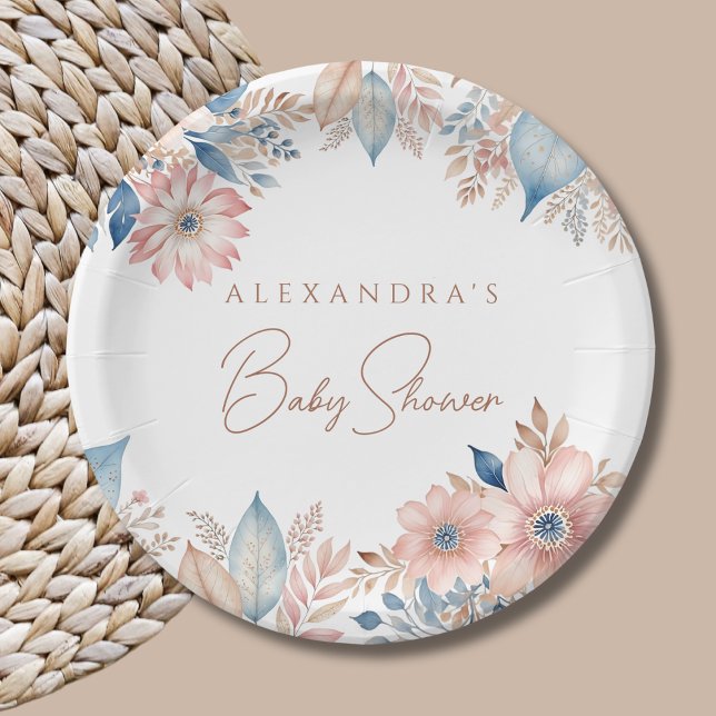 Prato De Papel Chá de Bebê Rosa Azul Boho Floral (Criador carregado)