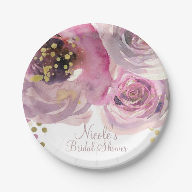 Prato De Papel Chá de Bebê Rosa e Dourado com Flores em Aquarela  (Frente)