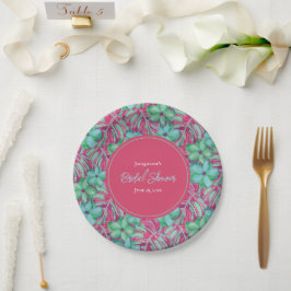 Prato De Papel Chá de Bebê Rosa e Verde Tropical Floral Nupcial