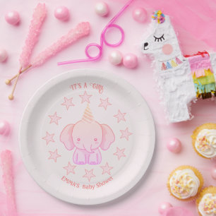 Prato De Papel Chá de Bebê Rosa Elefante Fofo Personalizado