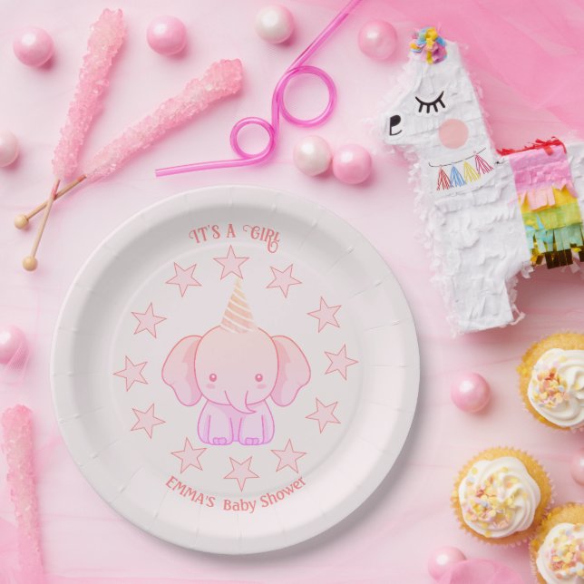 Prato De Papel Chá de Bebê Rosa Elefante Fofo Personalizado (Festa)