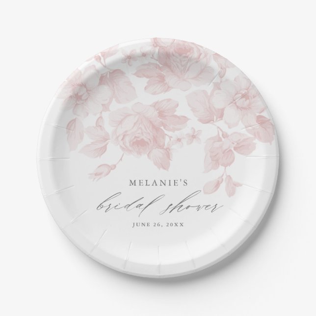 Prato De Papel Chá de Bebê Rosa Elegante Floral Script (Frente)