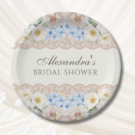 Prato De Papel Chá de Bebê Rosa Marfim Hydrangea Azul Casamento