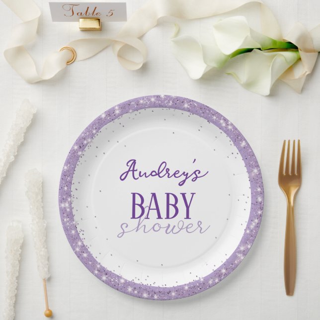Prato De Papel Chá de Bebê Roxo Pastel Fofo (Casamento)