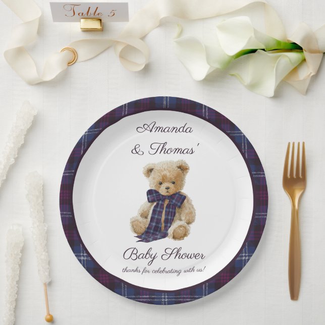 Prato De Papel Chá de Bebê Temático de Urso Xadrez (Casamento)