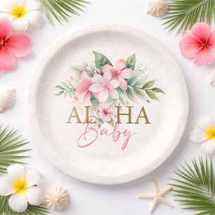 Prato De Papel Chá de Bebê Tropical Rosa Floral Aloha