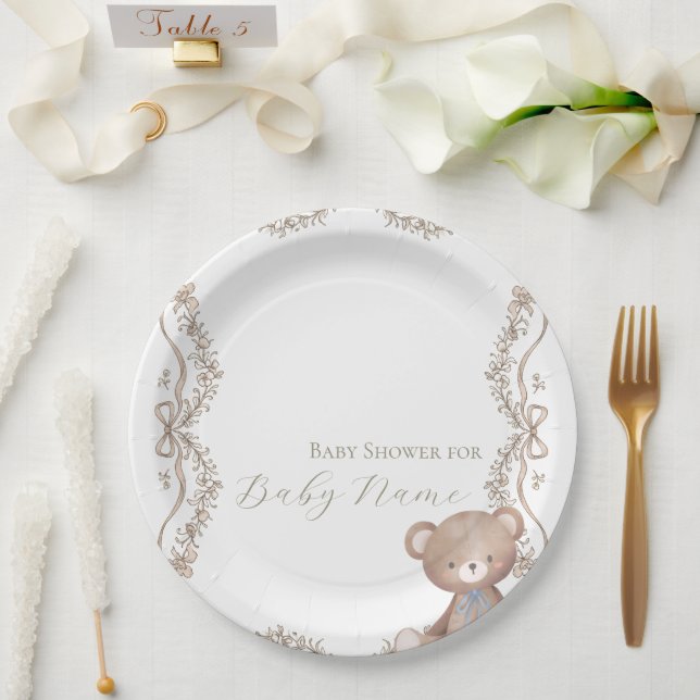 Prato De Papel Chá de Bebê Urso de Pelúcia Elegante (Casamento)