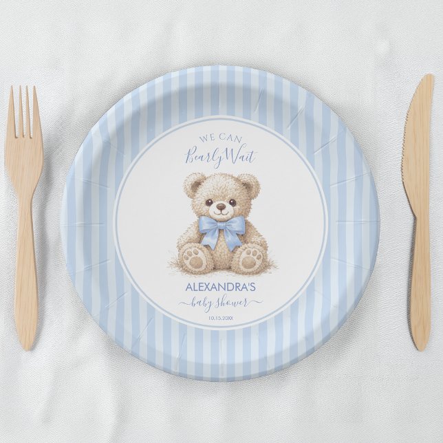 Prato De Papel Chá de Bebê Urso Teddy Bear e Listras Azuis (Criador carregado)