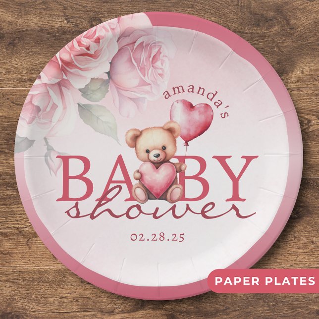 Prato De Papel Chá de Bebê Urso Teddy com Aquarela Rosa no Dia do (Criador carregado)
