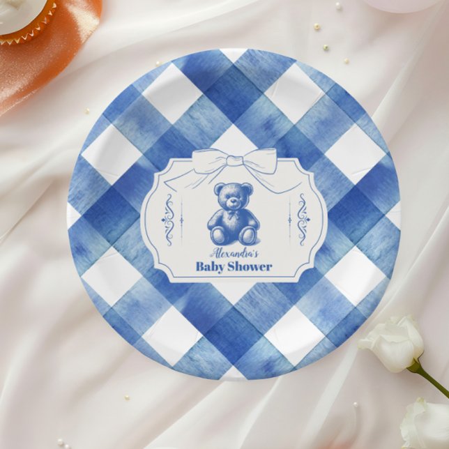 Prato De Papel Chá de Bebê Urso Teddy Francês Gingham Arco (Criador carregado)