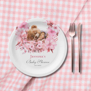 Prato De Papel Chá de Bebê Urso Teddy Sonhador Rosa