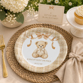 Prato De Papel Chá de Bebê Urso Teddy Xadrez Elegante Neutro