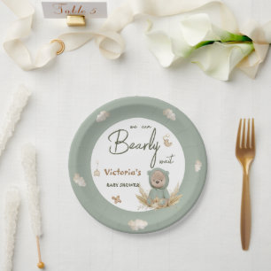 Prato De Papel Chá de Bebê Urso Verde Boho Berçário 