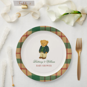 Prato De Papel Chá de Bebê Urso Xadrez de Natal Preppy 