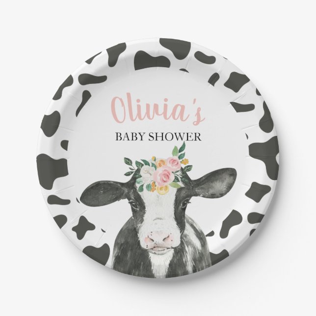 Prato De Papel Chá de Bebê Vaca Rosa Floral e Xadrez (Frente)