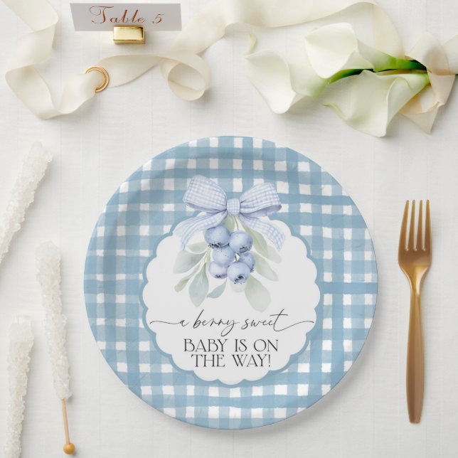 Prato De Papel Chá de Bebê Xadrez Azul Mirtilo Doce (Casamento)
