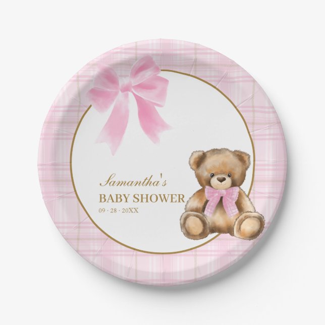 Prato De Papel Chá de Bebê Xadrez Rosa Teddy Bear Elegante   (Frente)
