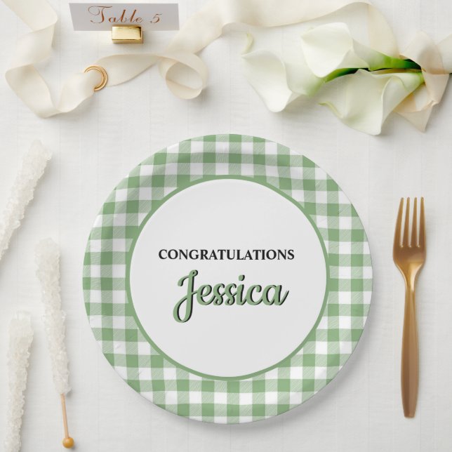 Prato De Papel Chá de Bebê Xadrez Verde Gingham (Casamento)