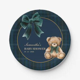 Prato De Papel Chá de Bebê Xadrez Verde Urso Teddy Elegante  