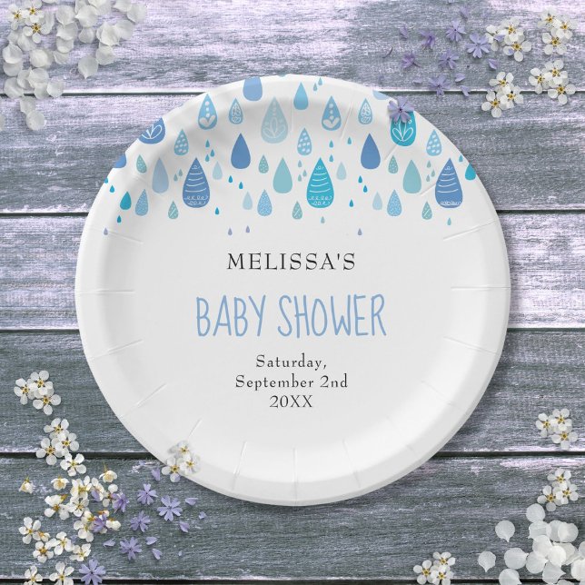 Prato De Papel Chá de Bebezinho Azul Moderno (Modern Blue Raindrops Baby Boy Shower Sprinkle Paper Plates)