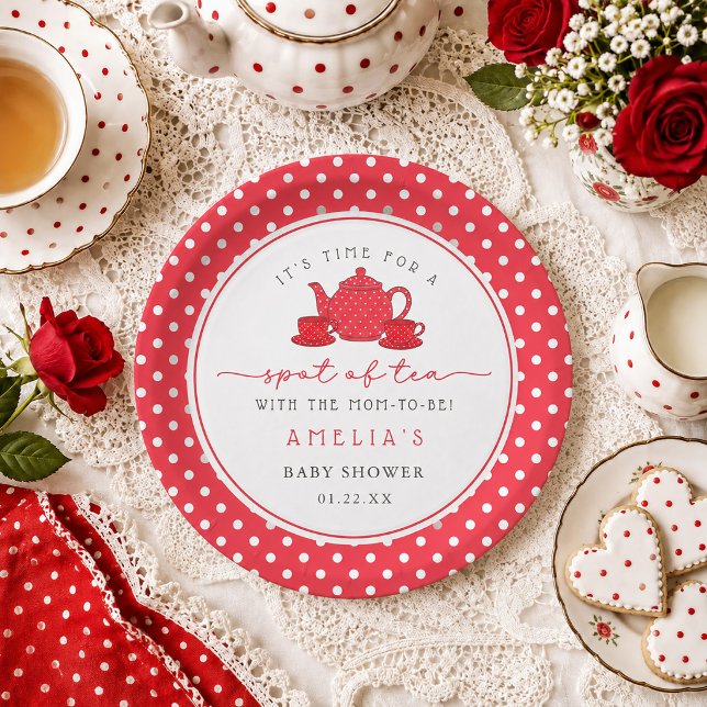 Prato De Papel Chá de Bolinhas Vermelhas com o Chá de Bebê da Fut (Red Polka dot Tea with the Mom-to-be Baby Shower Paper Plates)