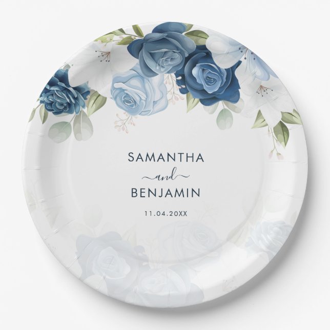 Prato De Papel Chá de casamento Branco Azul-Dusty Floral (Frente)