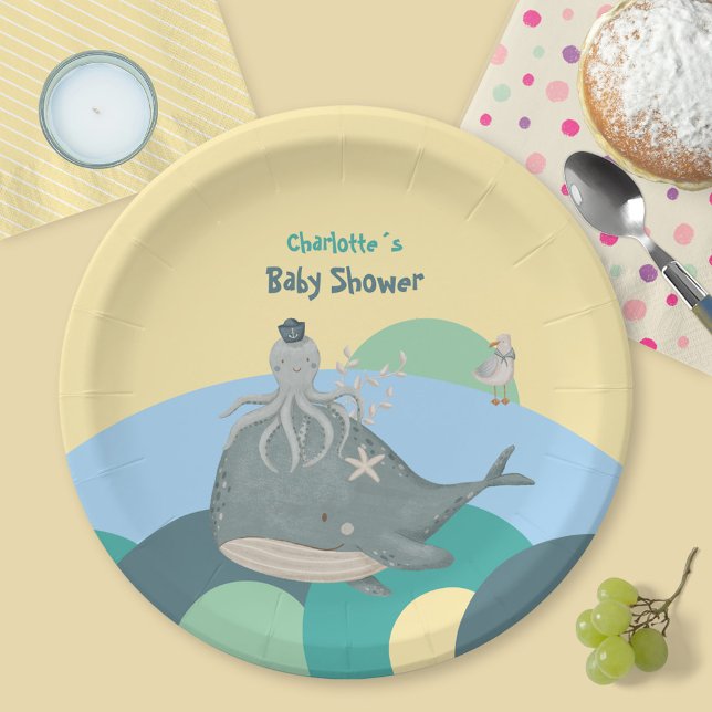 Prato De Papel Chá de fraldas Amarelo Náutico Lula de Baleia Ador (Adorable Nautical Whale Squid Yellow Baby Shower Paper Plates ©Susanne Sachers - Sunny Mind Design )