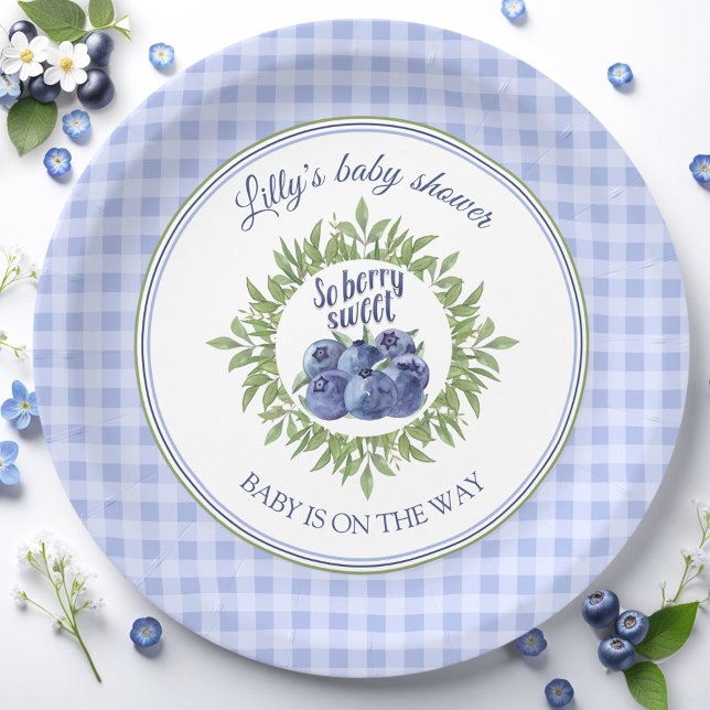 Prato De Papel Chá de fraldas Azul de Xadrez Berry Sweet (Berry Sweet Blueberry Blue Plaid Baby Shower Paper Plates)