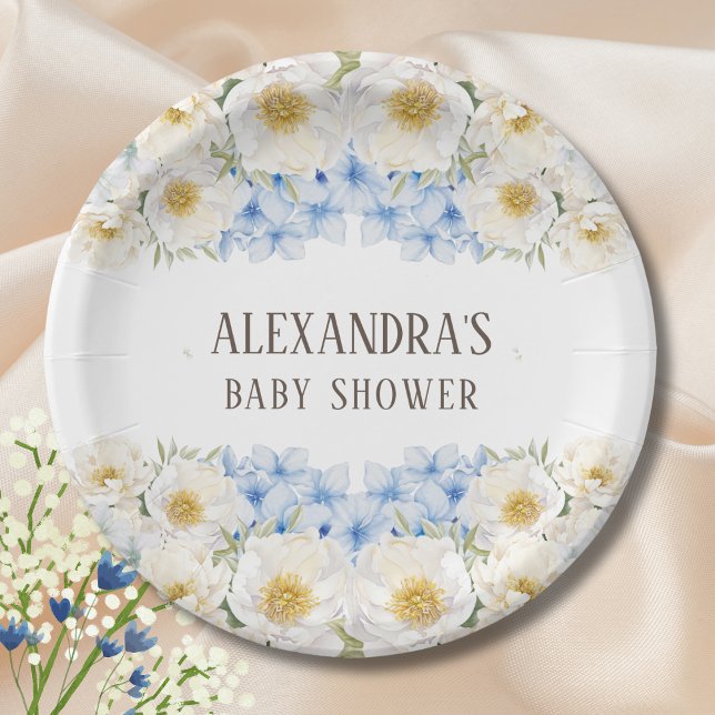 Prato De Papel Chá de fraldas Branco Floral Azul Hydrangea Garden (Criador carregado)