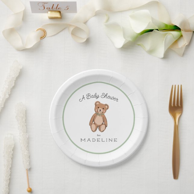 Prato De Papel Chá de fraldas Branco Verde Clássico do Urso de Te (Casamento)