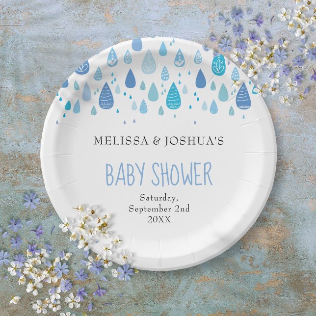 Prato De Papel Chá de fraldas Casais  de gotas de chuva azul espr (Cute Blue Raindrops Couples Baby Shower Sprinkle Paper Plates)