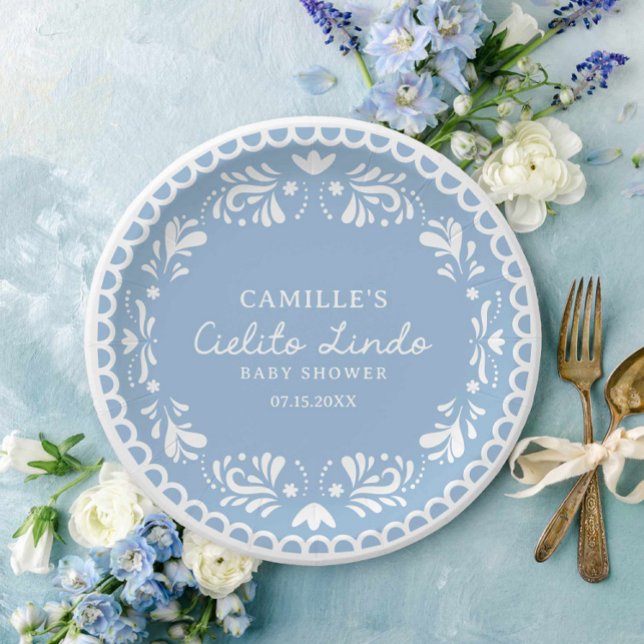 Prato De Papel Chá de fraldas Cielito Lindo Fiesta (Cielito Lindo Blue Baby Shower Paper Plates)