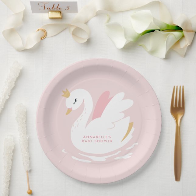 Prato De Papel Chá de fraldas cisne, rosado-rosado, elegante (Casamento)