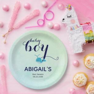 Prato De Papel Chá de fraldas com tema do oceano de baleia azul-b