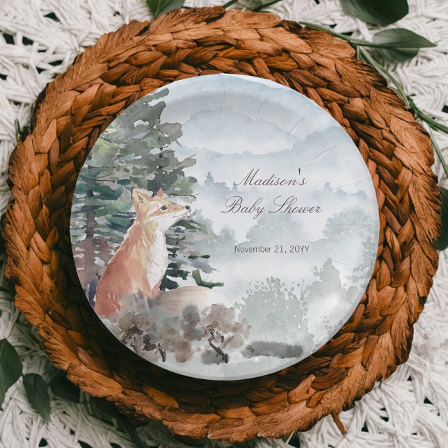 Prato De Papel Chá de fraldas da Floresta Florestal da Madeira (Watercolor Woodland Forest Fox Baby Shower Paper Plates)