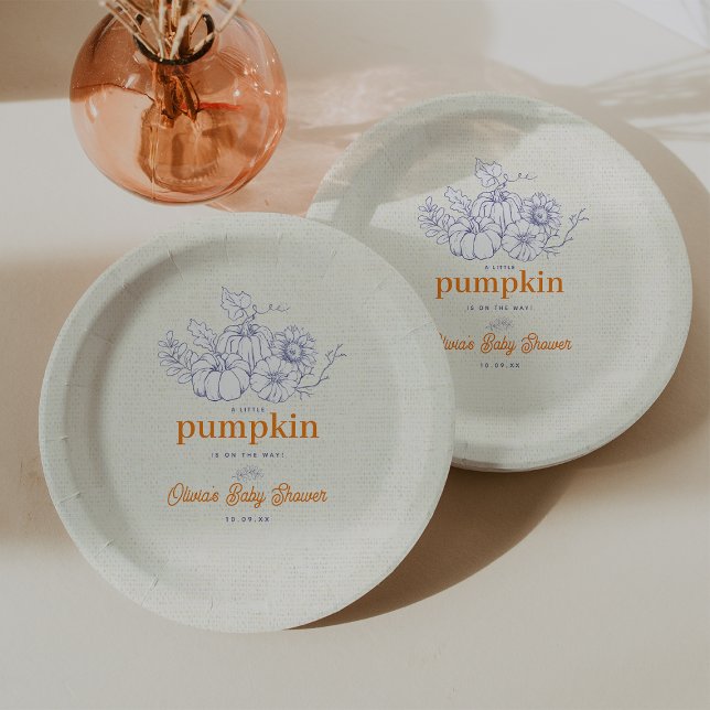 Prato De Papel Chá de fraldas de abóbora laranja azul Pequeno (Blue Orange Burlap Little Pumpkin Baby Shower Paper Plates)