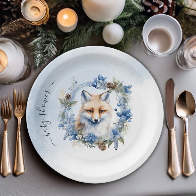 Prato De Papel Chá de fraldas de Aquarela da Fox de inverno (Winter Fox Watercolor Baby Shower Paper Plates)