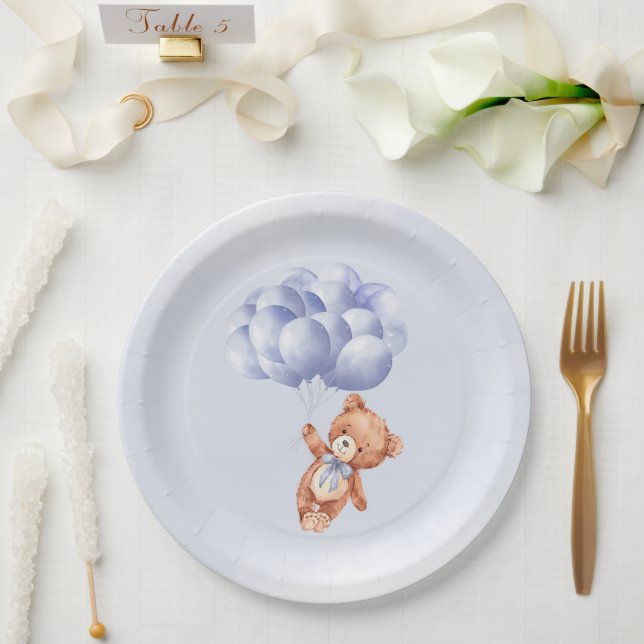 Prato De Papel Chá de fraldas de Aquarela de Azul-Urso Teddy (Casamento)